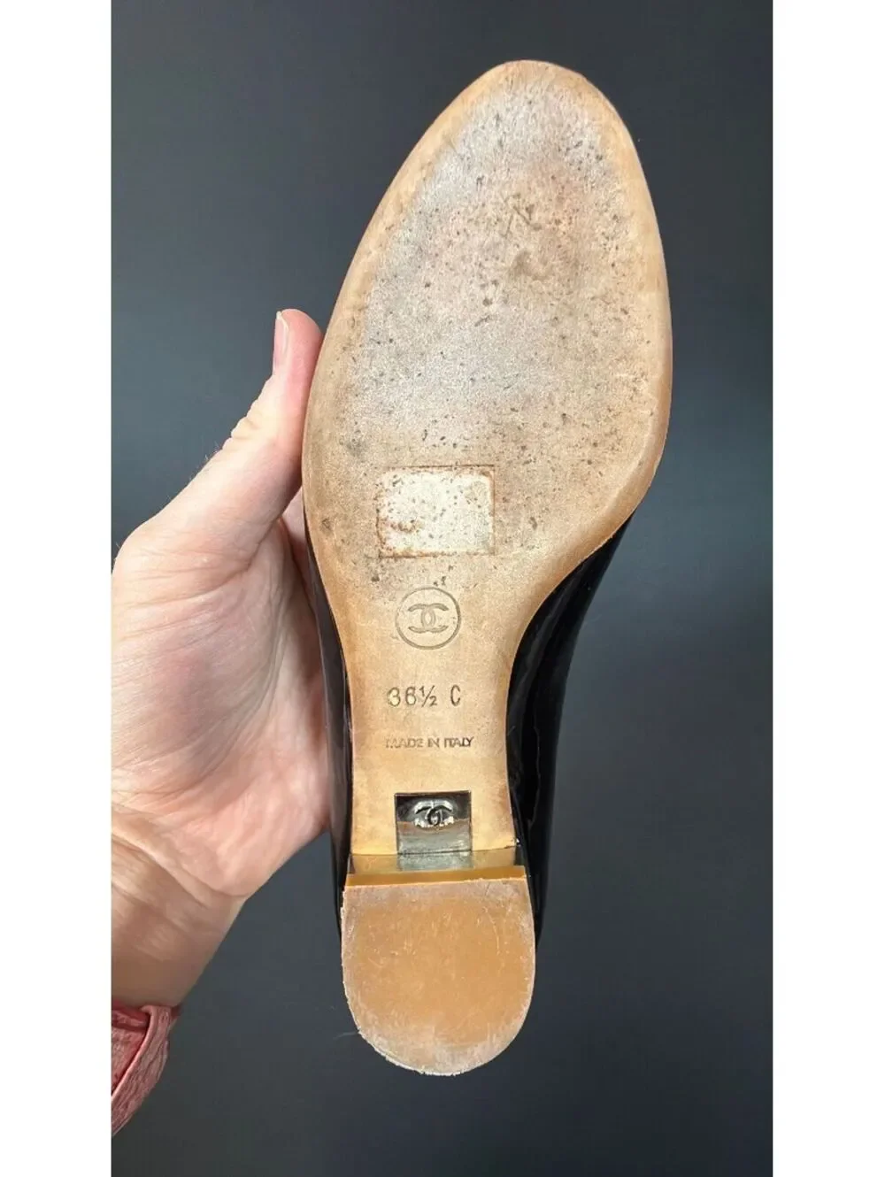 Chanel Black Metallic Peep Toe Patent Flats Size 36.5